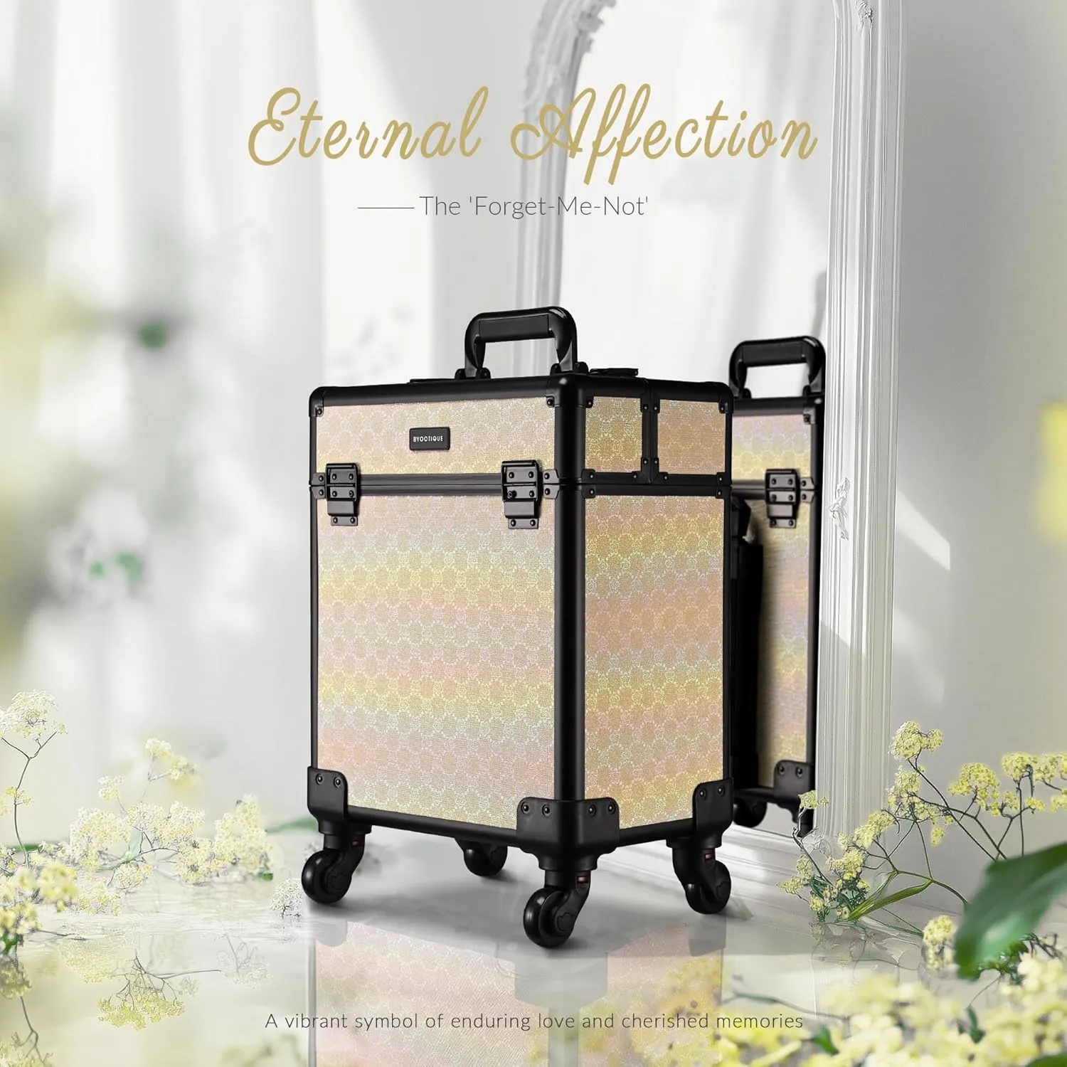 BYOOTIQUE Rolling Makeup Train Case on Wheels Cosmetology Organizer Box Professional Aluminum Cosmetic Trolley Travel Suitcase for Salon Barber Hairstylist Artist,Grace ForgetMeNot