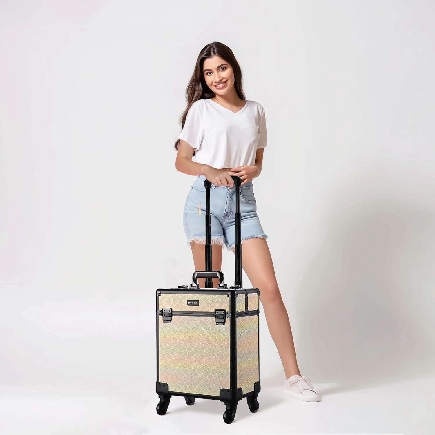 BYOOTIQUE Rolling Makeup Train Case on Wheels Cosmetology Organizer Box Professional Aluminum Cosmetic Trolley Travel Suitcase for Salon Barber Hairstylist Artist,Grace ForgetMeNot