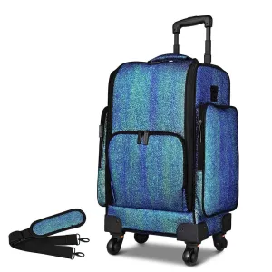 BYOOTIQUE Soft Sided Rolling Makeup Train Case Cosmetic Organizer Travel Trolley with Detachable Pouch & Shoulder Strap, Gradient Peacock Blue