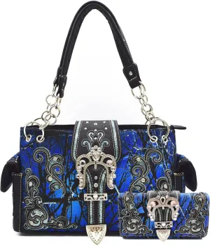 Camouflage Crown Buckle Western Style Purse Floral Shine Glow Country Handbag Women Shoulder Bag Crossbody Wallet Set