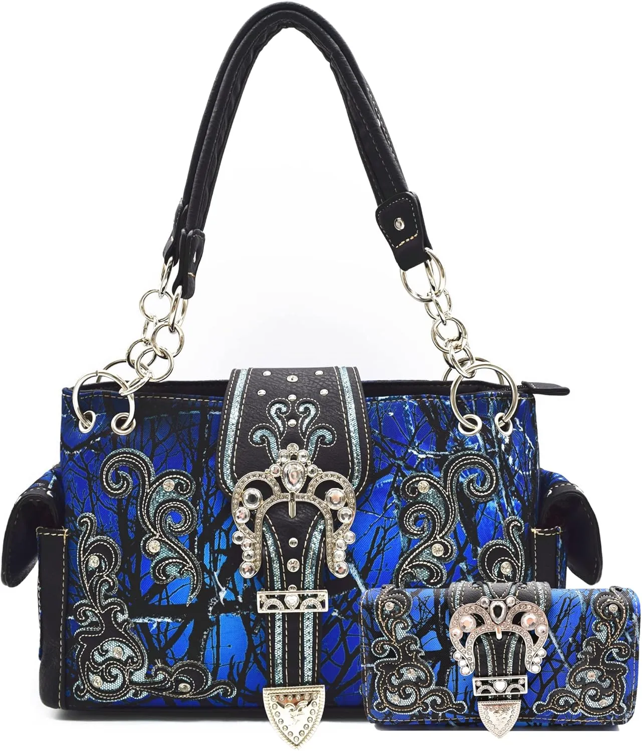 Camouflage Crown Buckle Western Style Purse Floral Shine Glow Country Handbag Women Shoulder Bag Crossbody Wallet Set