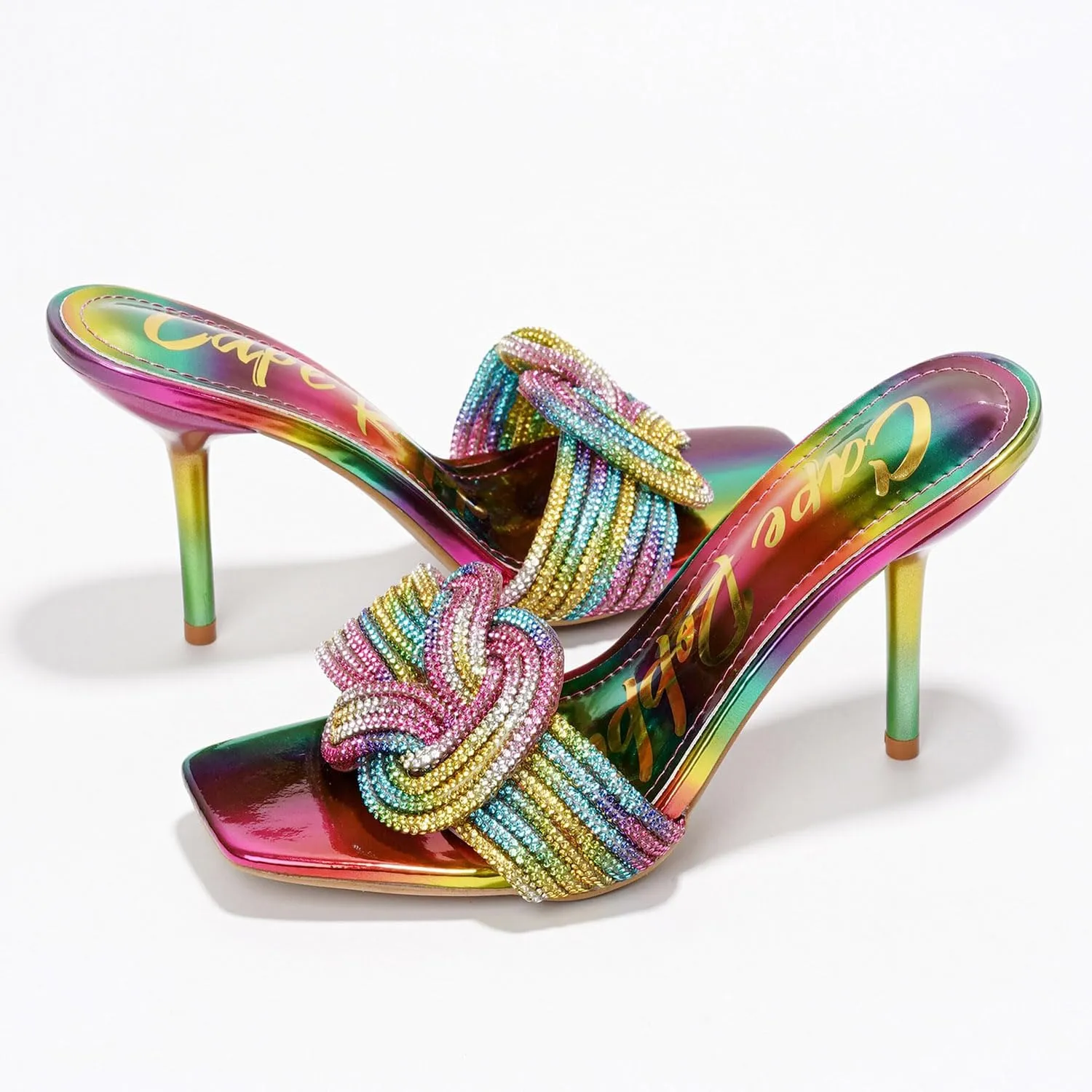 Cape Robbin Women's Stiletto Heels - Slip-On Sandals with Rhinestone-Embellished Knot & Open Toe (Flynn)