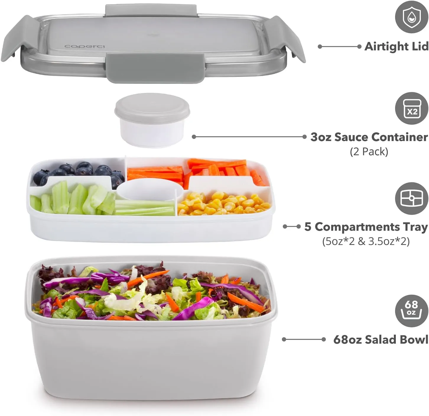 Caperci 2 Pack Large Salad Container for Lunch - 68 oz Salad Bowls To Go, Leakproof Bento Box Adult with 5 Compartments Tray, 4pcs 3-oz Sauce Cups, Reusable Spork & BPA-Free (Gray)