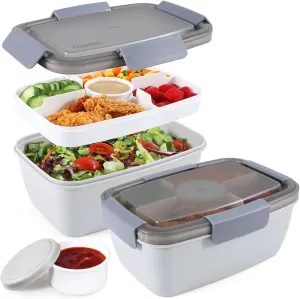 Caperci 2 Pack Large Salad Container for Lunch - 68 oz Salad Bowls To Go, Leakproof Bento Box Adult with 5 Compartments Tray, 4pcs 3-oz Sauce Cups, Reusable Spork & BPA-Free (Gray)