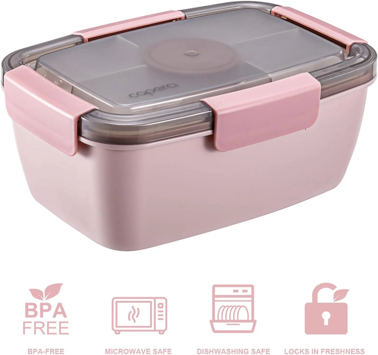 Caperci 2 Pack Large Salad Container for Lunch - 68 oz Salad Bowls To Go, Leakproof Bento Box Adult with 5 Compartments Tray, 4pcs 3-oz Sauce Cups, Reusable Spork & BPA-Free (Pink)