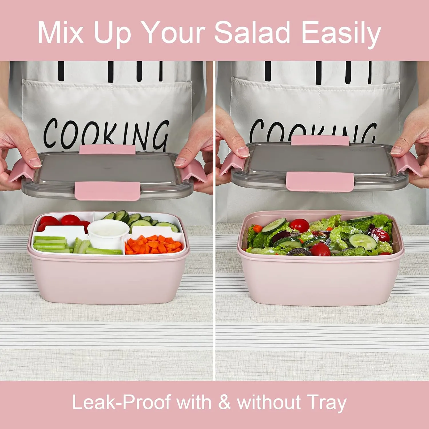 Caperci 2 Pack Large Salad Container for Lunch - 68 oz Salad Bowls To Go, Leakproof Bento Box Adult with 5 Compartments Tray, 4pcs 3-oz Sauce Cups, Reusable Spork & BPA-Free (Pink)