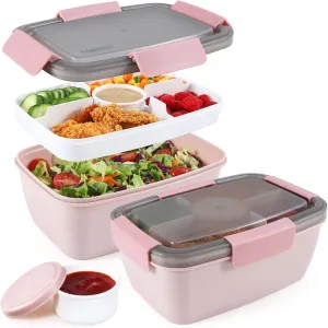Caperci 2 Pack Large Salad Container for Lunch - 68 oz Salad Bowls To Go, Leakproof Bento Box Adult with 5 Compartments Tray, 4pcs 3-oz Sauce Cups, Reusable Spork & BPA-Free (Pink)