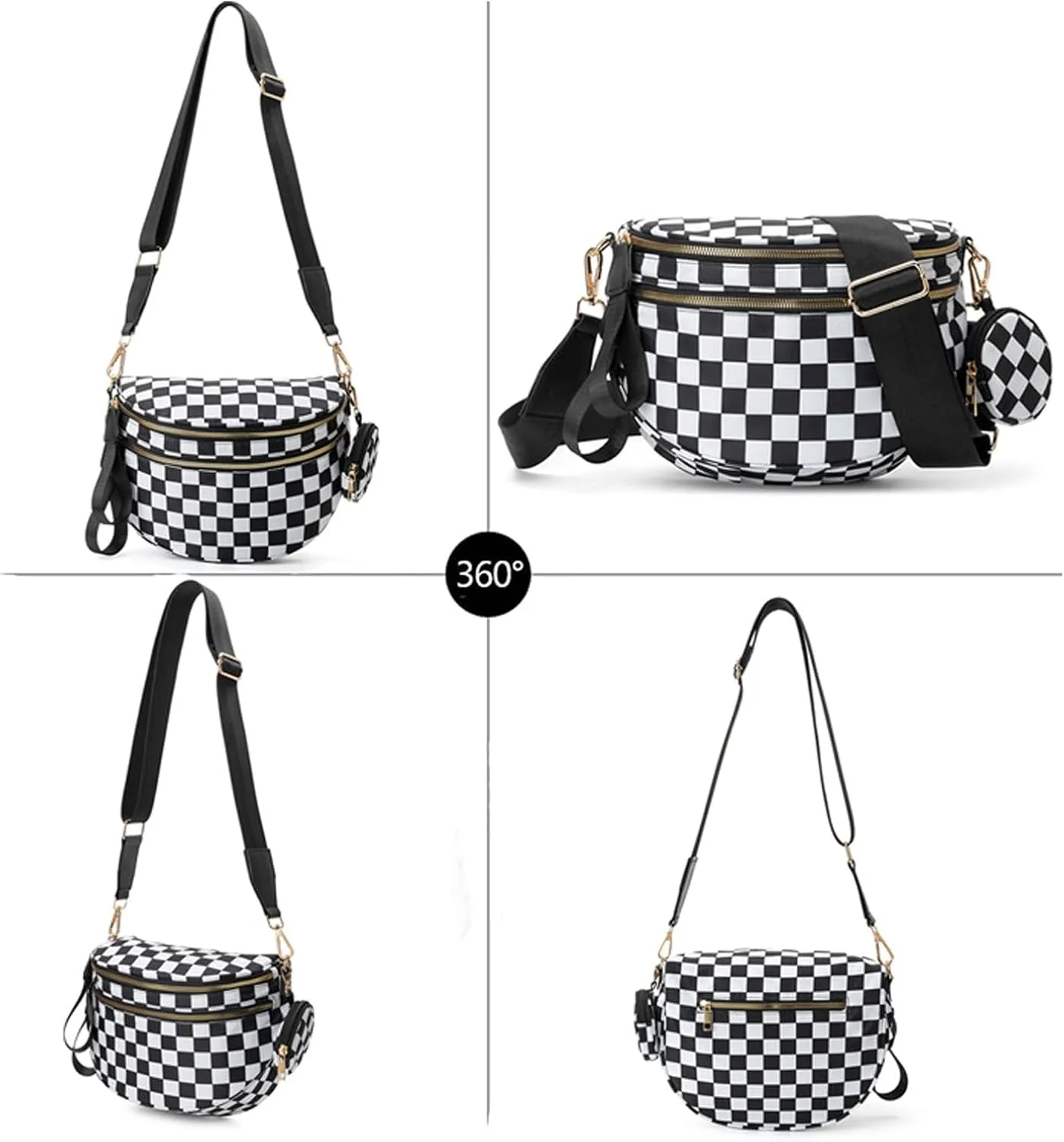 Checkered Bum Bag, Checkered Black and White Crossbody Bag for Women, Belt Bag Fanny Pack witn Adjustable Shoulder Strap (Beans Green Checkered)