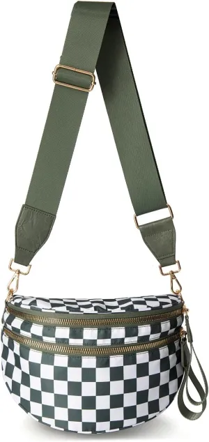 Checkered Bum Bag, Checkered Black and White Crossbody Bag for Women, Belt Bag Fanny Pack witn Adjustable Shoulder Strap (Beans Green Checkered)