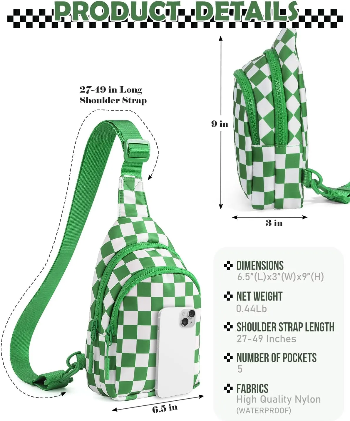 Checkered Sling Bag for Women Small Backpack Crossbody Chest Bag Fanny Packs Purses (Checkered Sling Bag - Kelly Green)
