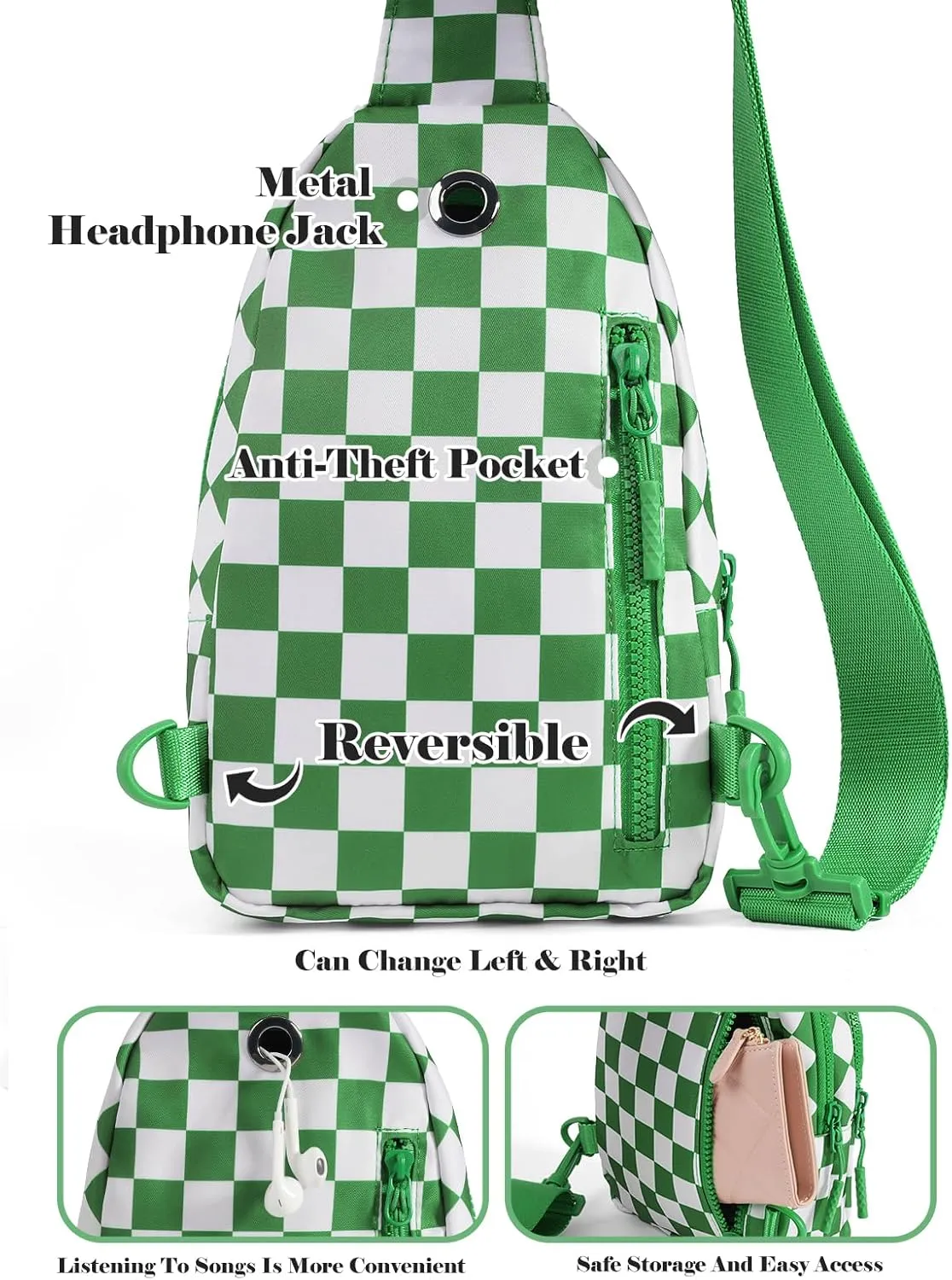 Checkered Sling Bag for Women Small Backpack Crossbody Chest Bag Fanny Packs Purses (Checkered Sling Bag - Kelly Green)
