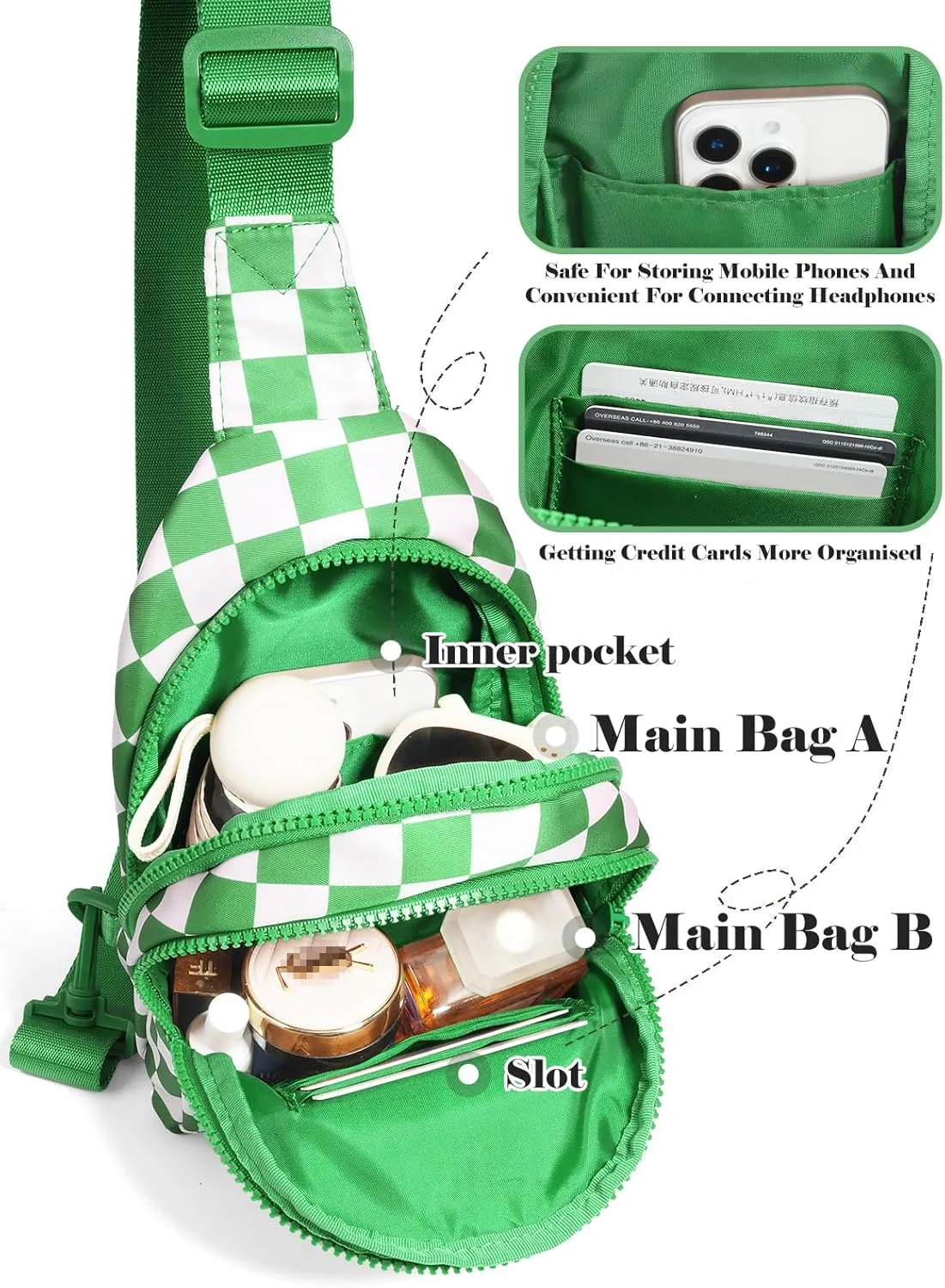 Checkered Sling Bag for Women Small Backpack Crossbody Chest Bag Fanny Packs Purses (Checkered Sling Bag - Kelly Green)