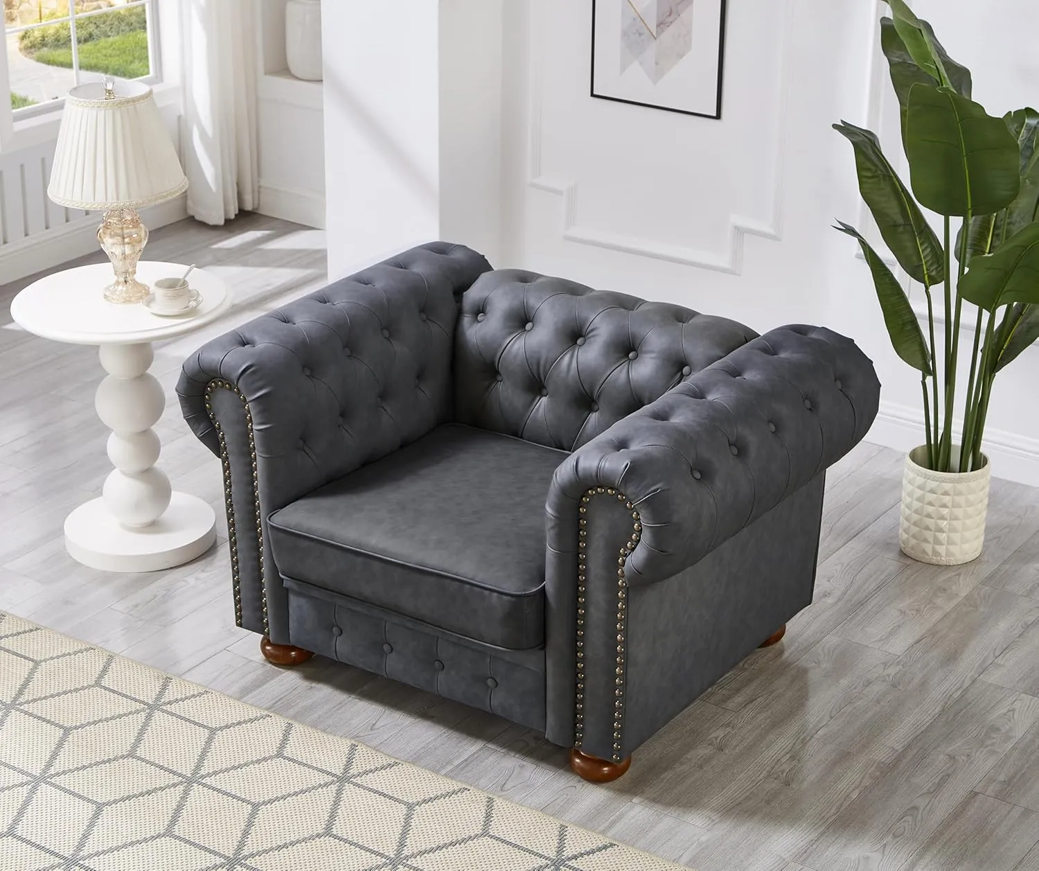 Chesterfield Leather Chair, 44" Mid Century Modern Couch with Low Back, Roll Arm Nailhead Trim Classic 1 Seater Couch for Living Room, Office, Apartment, Faux Leather Dark Grey
