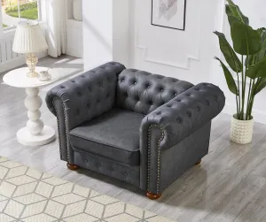 Chesterfield Leather Chair, 44" Mid Century Modern Couch with Low Back, Roll Arm Nailhead Trim Classic 1 Seater Couch for Living Room, Office, Apartment, Faux Leather Dark Grey