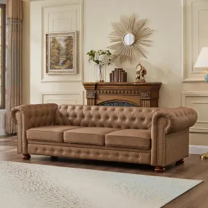 Chesterfield Leather Sofa, 89" Mid Century Modern Couch with Low Back, Roll Arm Nailhead Trim Classic 3 Seater Couch for Living Room, Office, Apartment, Faux Leather Brown