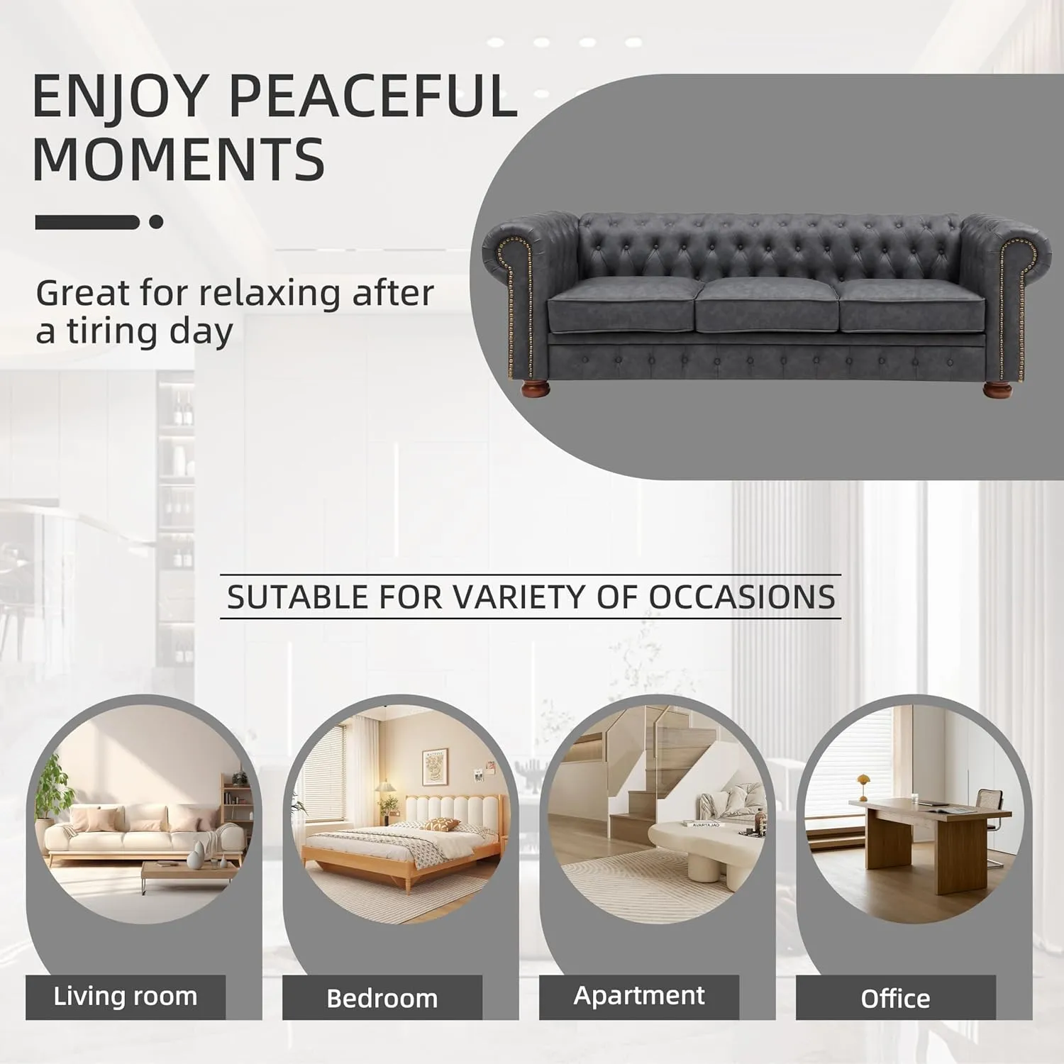 Chesterfield Leather Sofa, 89" Mid Century Modern Couch with Low Back, Roll Arm Nailhead Trim Classic 3 Seater Couch for Living Room, Office, Apartment, Faux Leather Dark Grey
