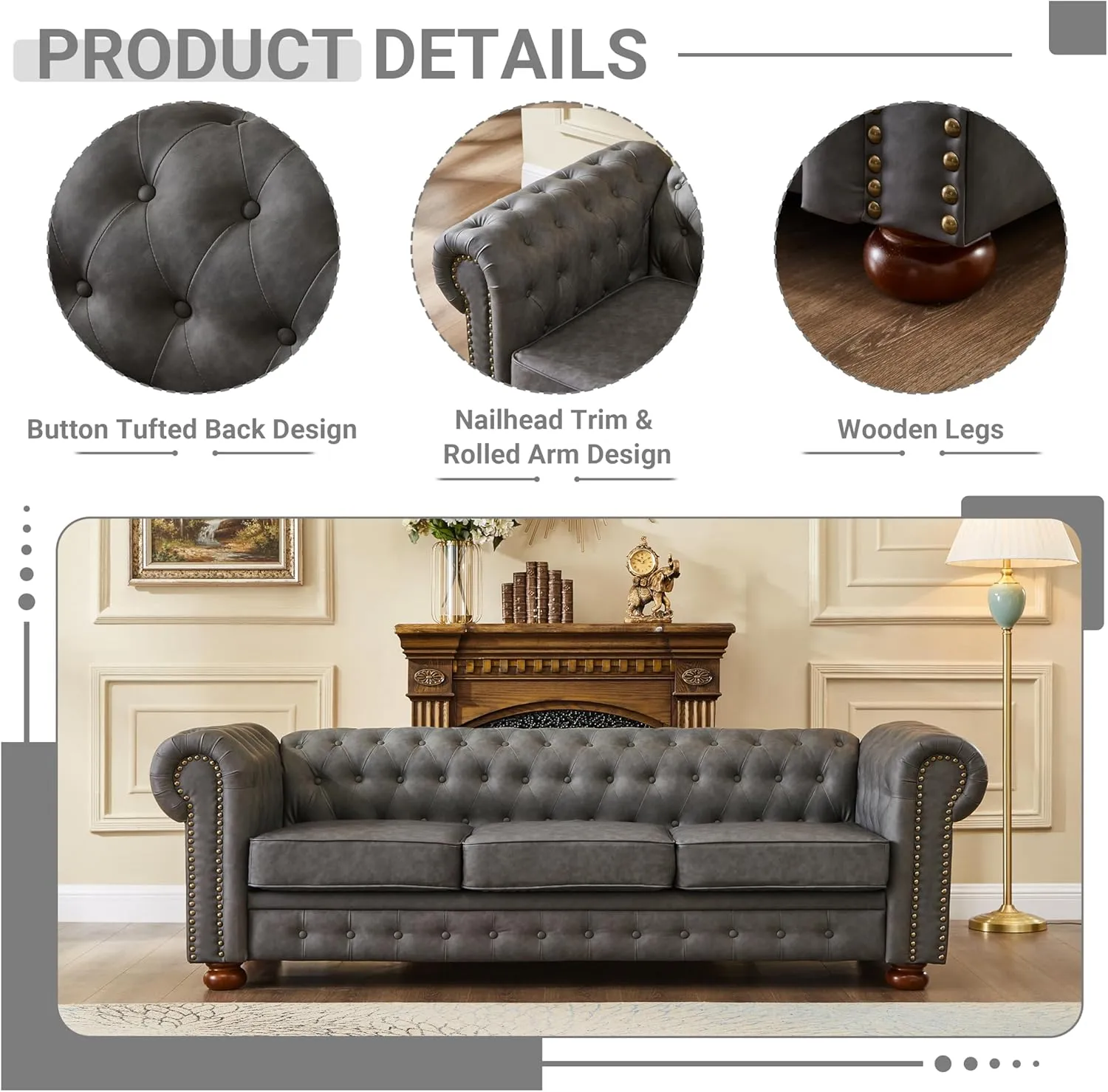 Chesterfield Leather Sofa, 89" Mid Century Modern Couch with Low Back, Roll Arm Nailhead Trim Classic 3 Seater Couch for Living Room, Office, Apartment, Faux Leather Dark Grey