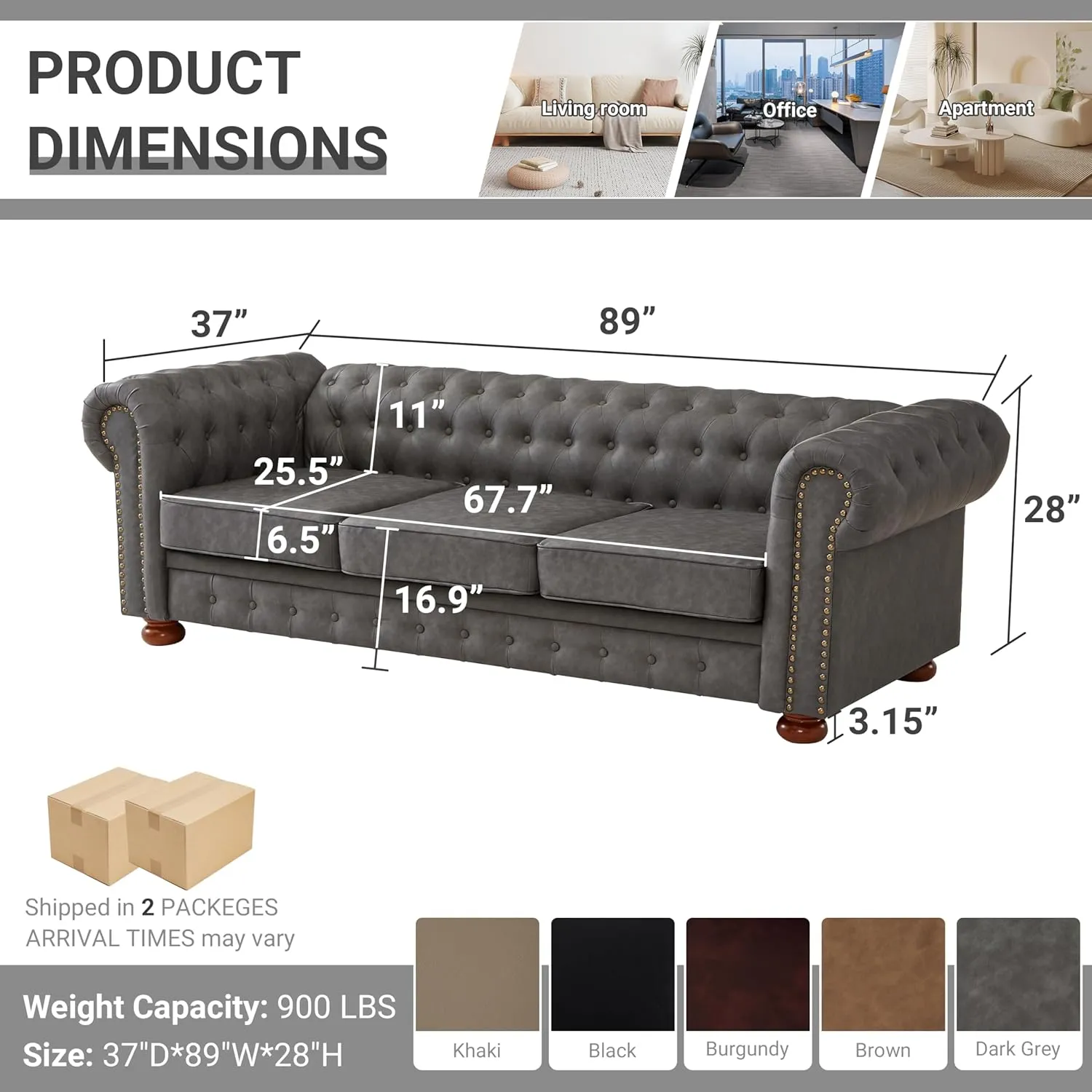 Chesterfield Leather Sofa, 89" Mid Century Modern Couch with Low Back, Roll Arm Nailhead Trim Classic 3 Seater Couch for Living Room, Office, Apartment, Faux Leather Dark Grey