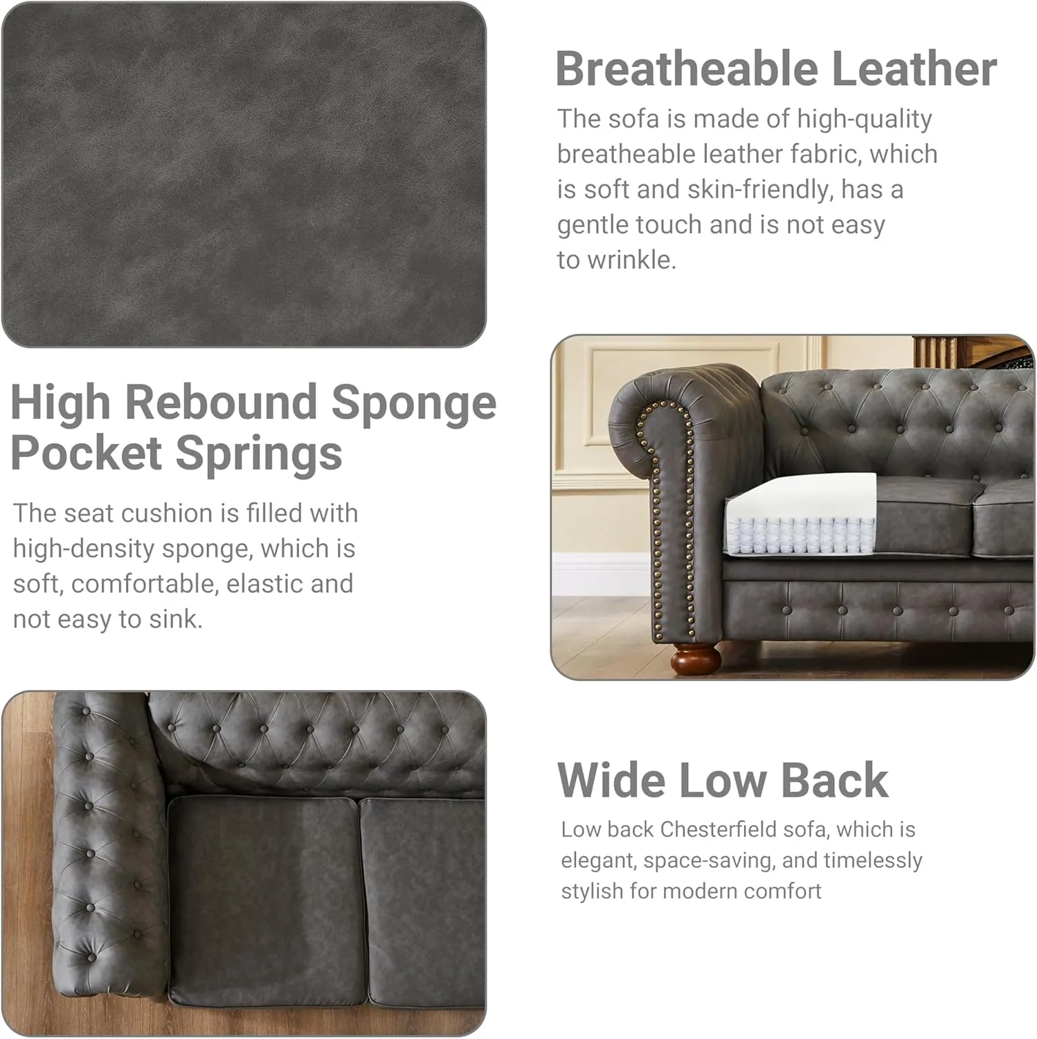 Chesterfield Leather Sofa, 89" Mid Century Modern Couch with Low Back, Roll Arm Nailhead Trim Classic 3 Seater Couch for Living Room, Office, Apartment, Faux Leather Dark Grey