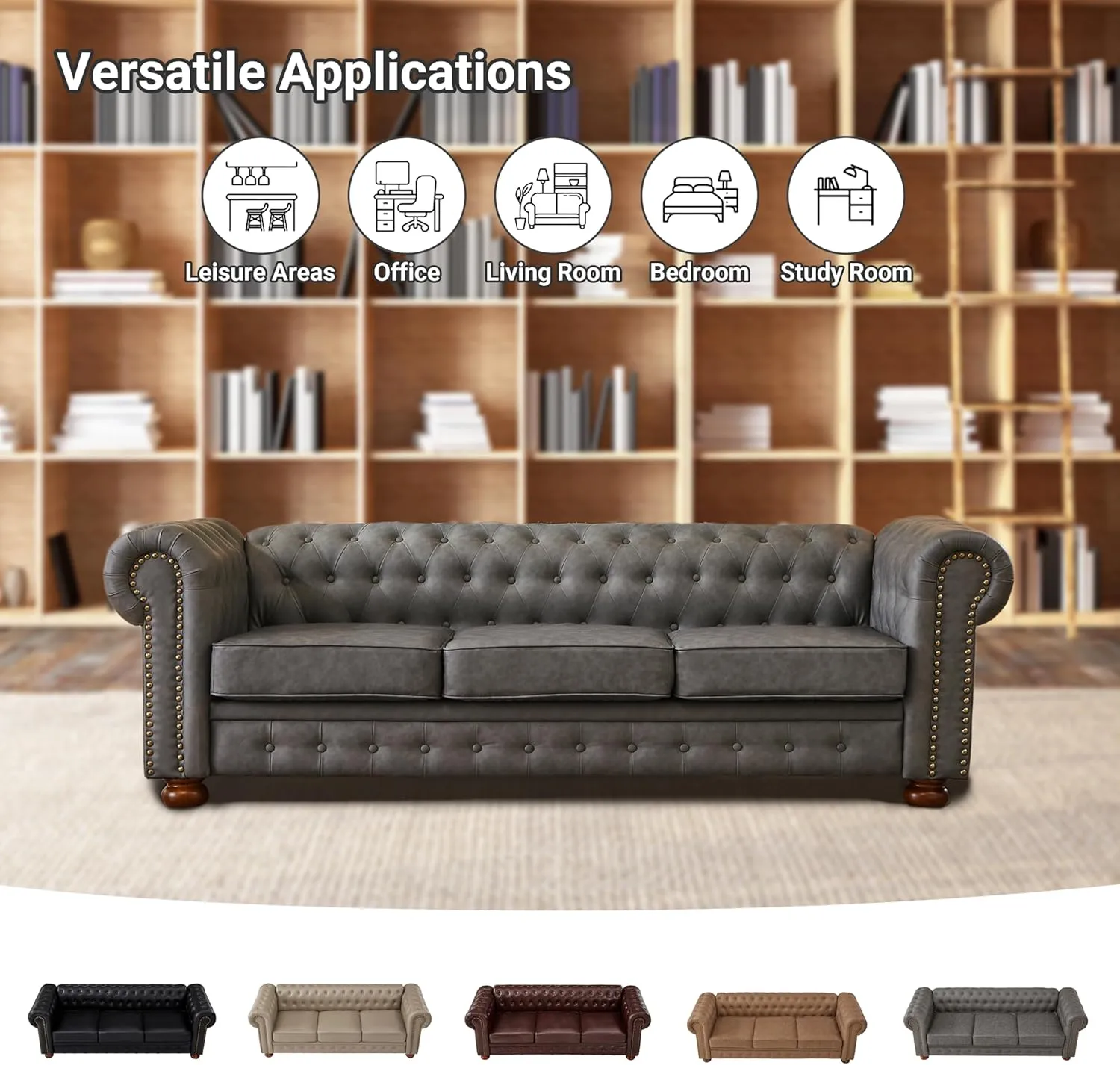 Chesterfield Leather Sofa, 89" Mid Century Modern Couch with Low Back, Roll Arm Nailhead Trim Classic 3 Seater Couch for Living Room, Office, Apartment, Faux Leather Dark Grey