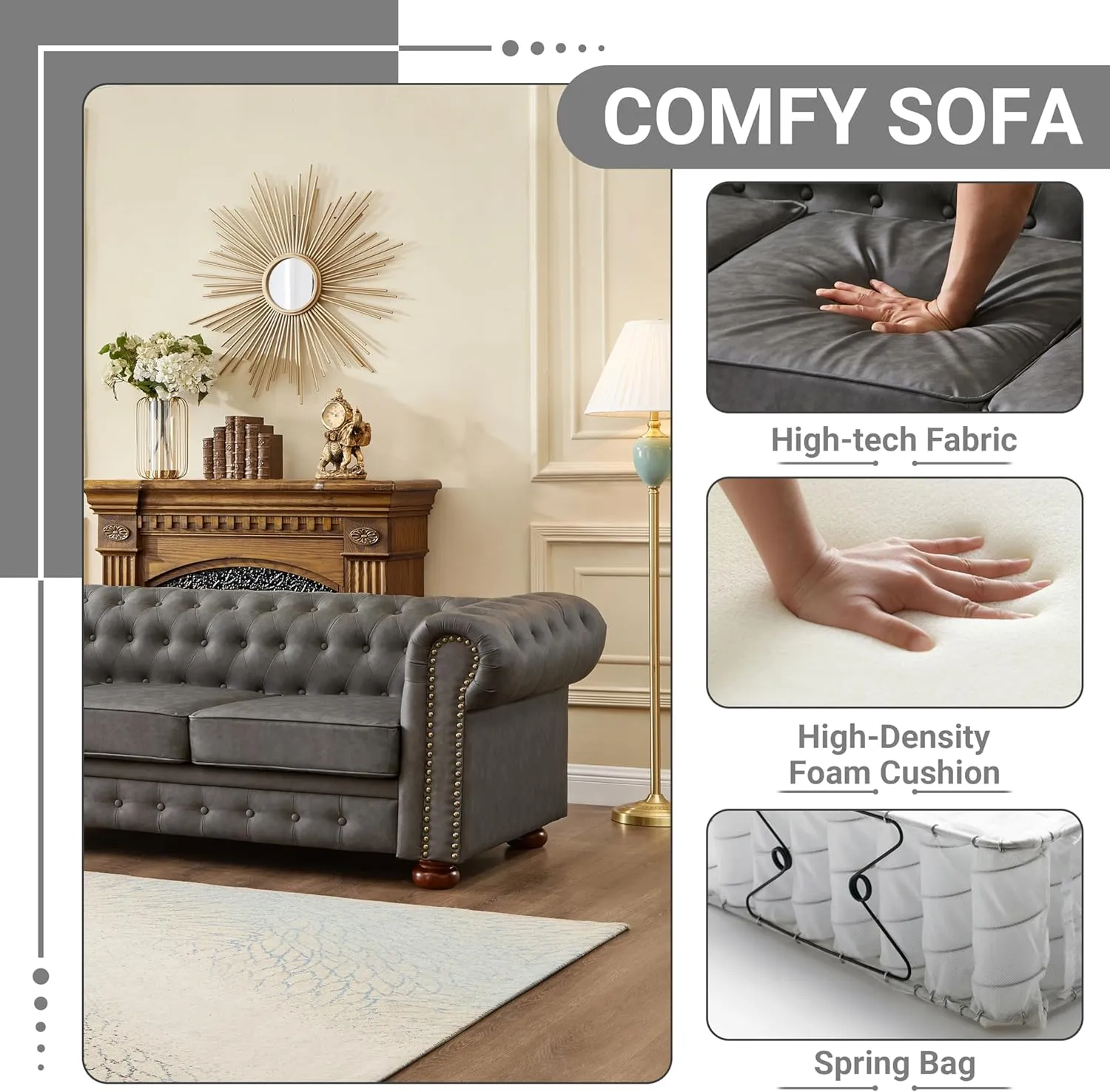 Chesterfield Leather Sofa, 89" Mid Century Modern Couch with Low Back, Roll Arm Nailhead Trim Classic 3 Seater Couch for Living Room, Office, Apartment, Faux Leather Dark Grey