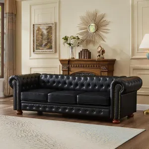 Chesterfield Leather Sofa, 89" Mid Century Modern Couch with Low Back, Roll Arm Nailhead Trim Classic 3 Seater Couch for Living Room, Office, Apartment, PU Black
