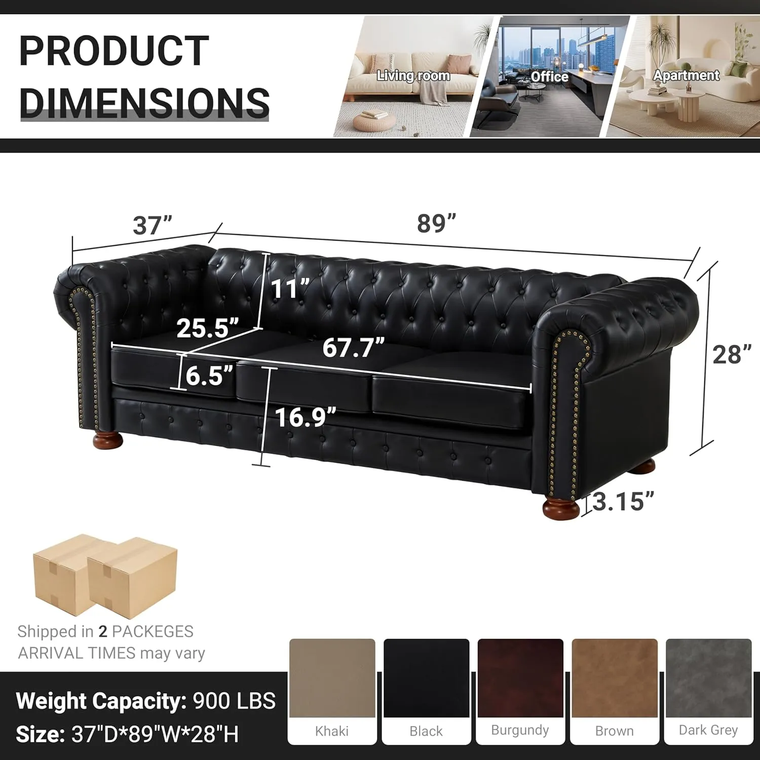Chesterfield Leather Sofa, 89" Mid Century Modern Couch with Low Back, Roll Arm Nailhead Trim Classic 3 Seater Couch for Living Room, Office, Apartment, PU Black