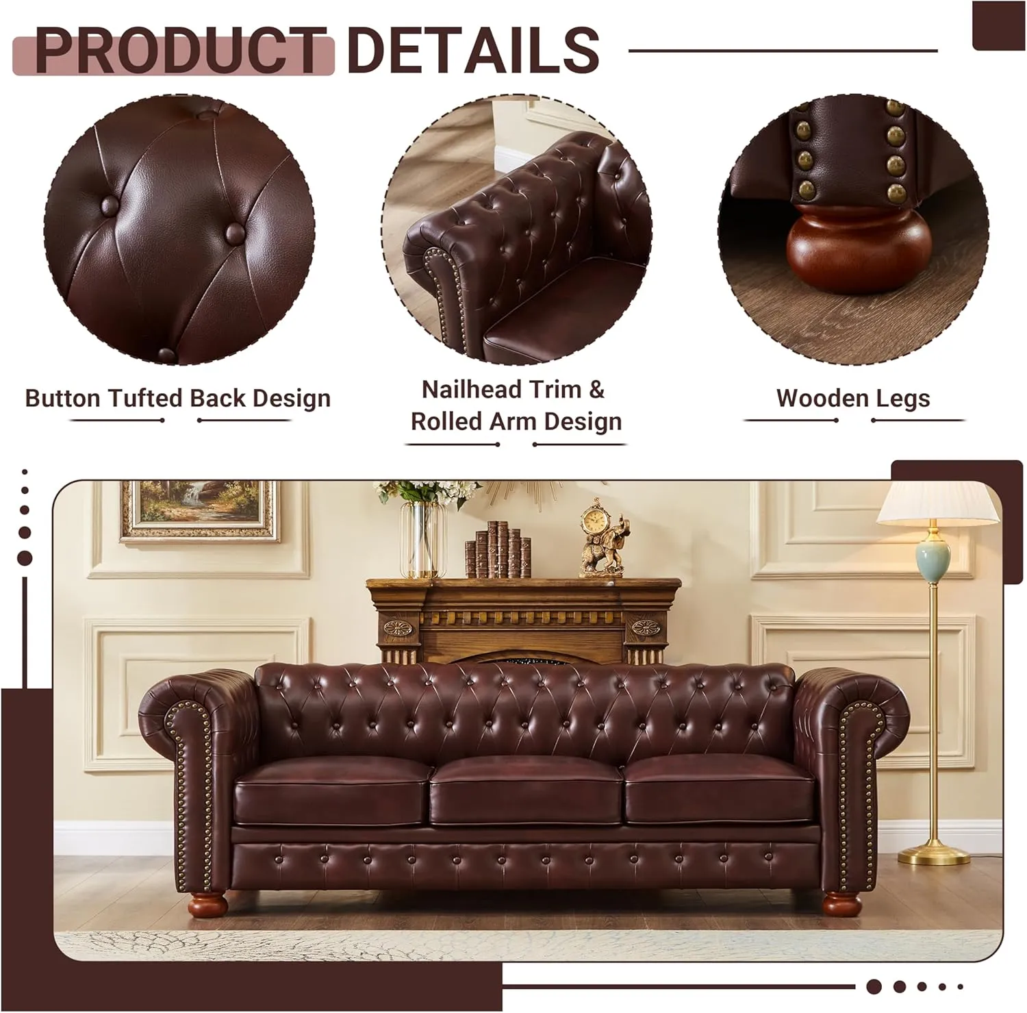 Chesterfield Leather Sofa, 89" Mid Century Modern Couch with Low Back, Roll Arm Nailhead Trim Classic 3 Seater Couch for Living Room, Office, Apartment, PU Burgundy