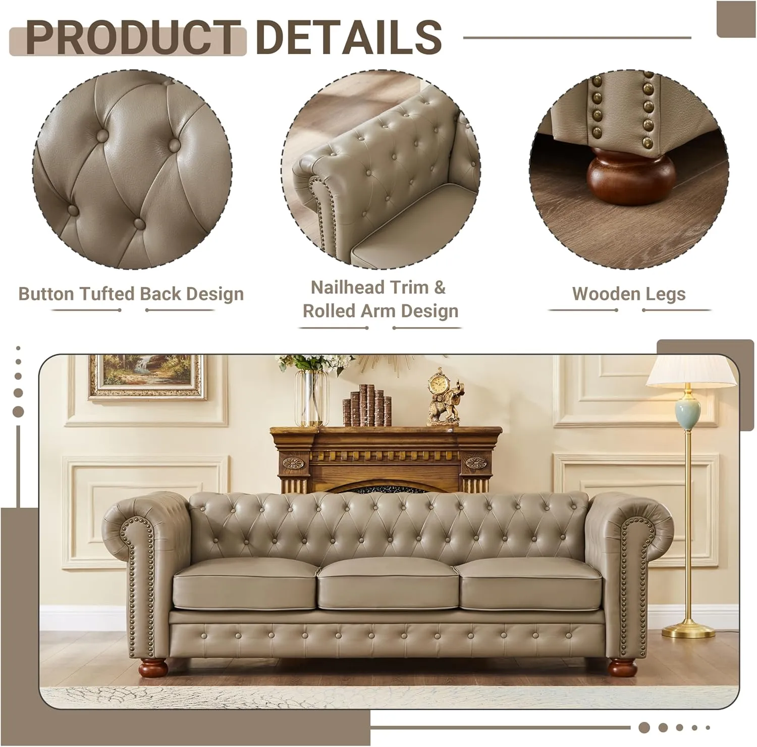 Chesterfield Leather Sofa, 89" Mid Century Modern Couch with Low Back, Roll Arm Nailhead Trim Classic 3 Seater Couch for Living Room, Office, Apartment, PU Khaki