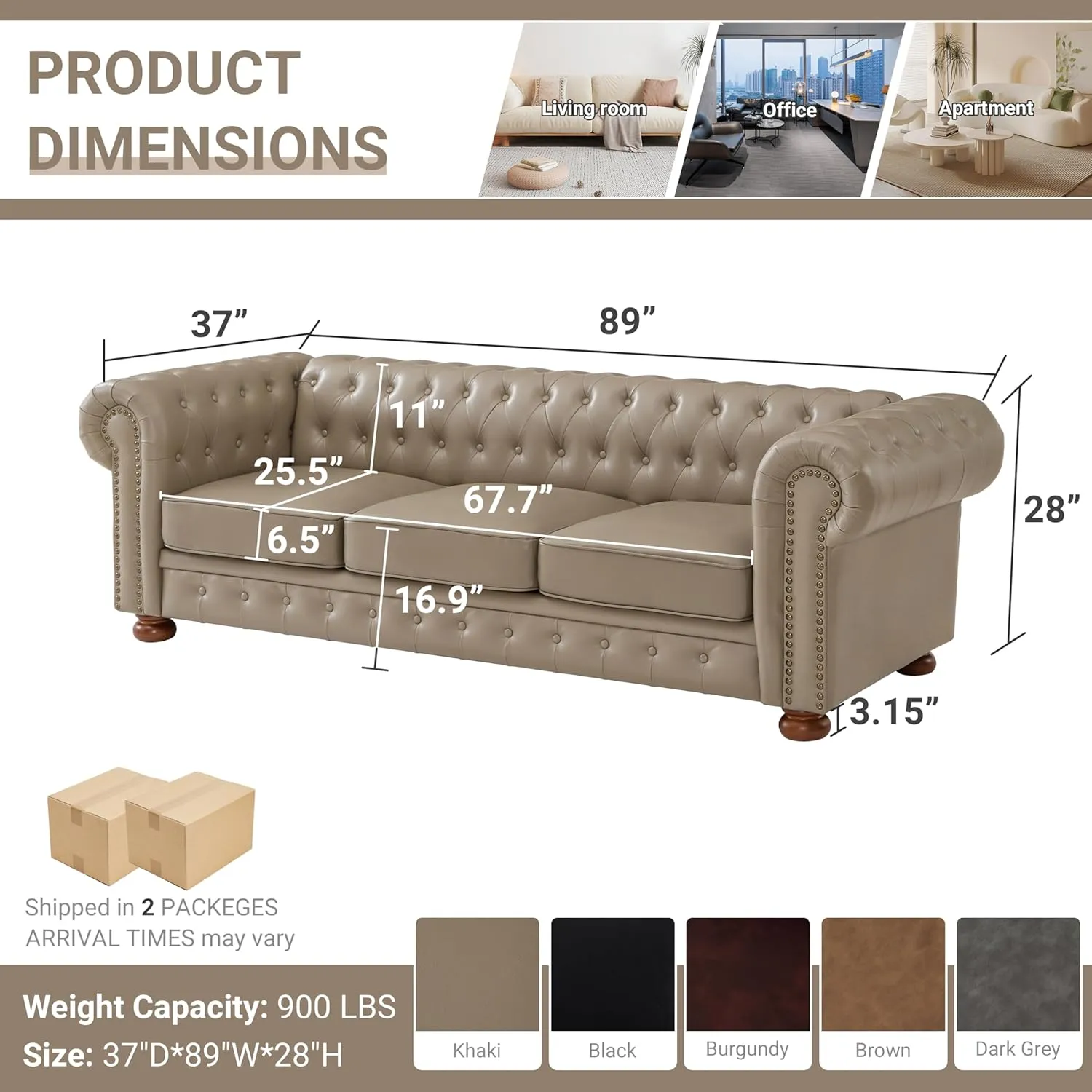 Chesterfield Leather Sofa, 89" Mid Century Modern Couch with Low Back, Roll Arm Nailhead Trim Classic 3 Seater Couch for Living Room, Office, Apartment, PU Khaki