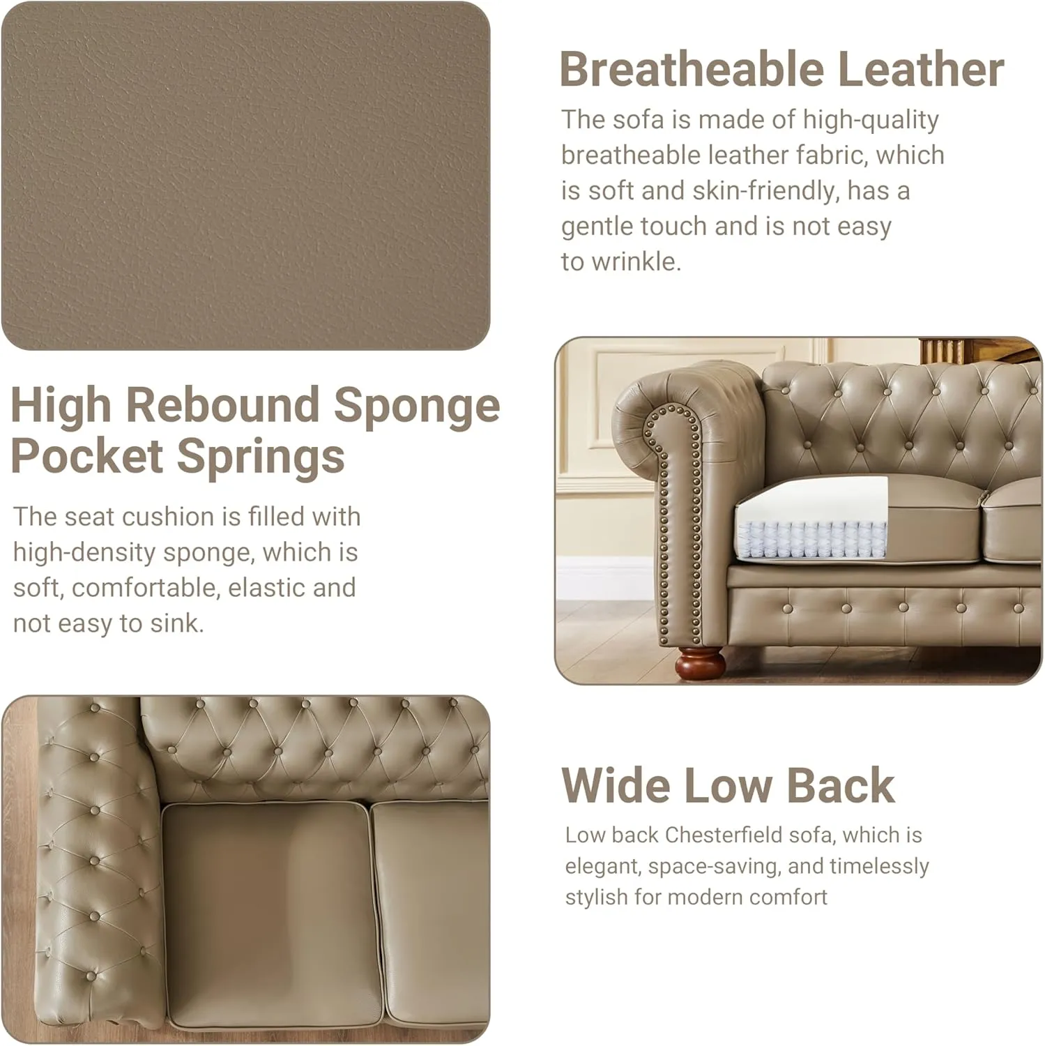 Chesterfield Leather Sofa, 89" Mid Century Modern Couch with Low Back, Roll Arm Nailhead Trim Classic 3 Seater Couch for Living Room, Office, Apartment, PU Khaki