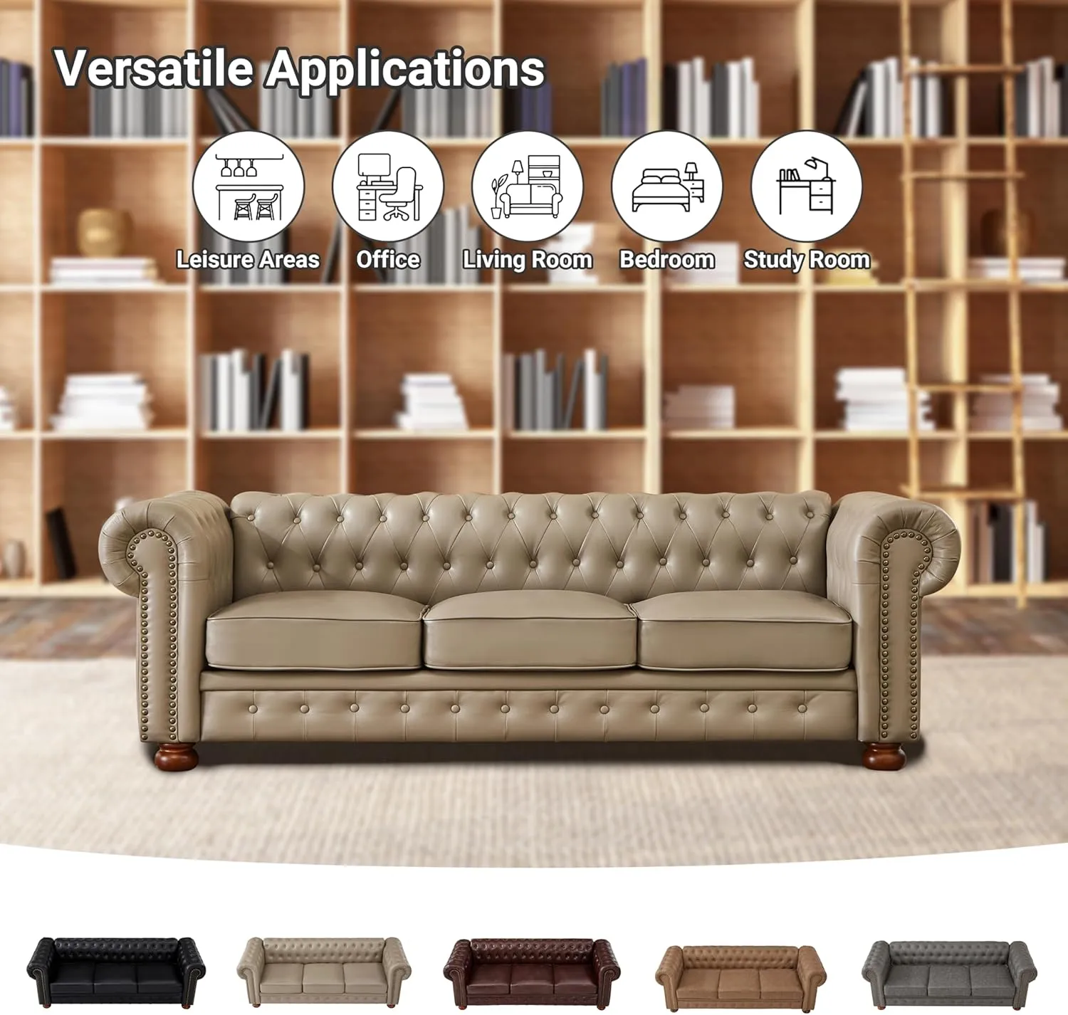 Chesterfield Leather Sofa, 89" Mid Century Modern Couch with Low Back, Roll Arm Nailhead Trim Classic 3 Seater Couch for Living Room, Office, Apartment, PU Khaki