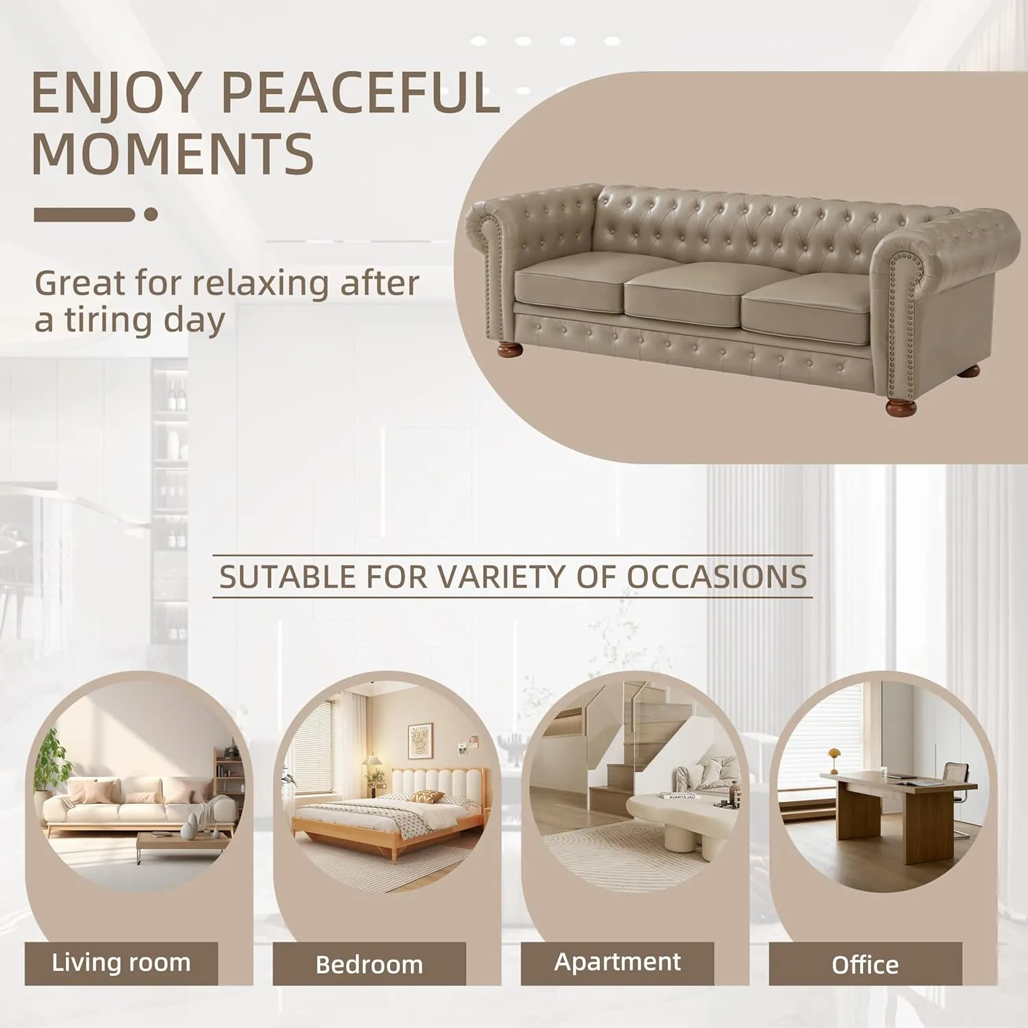 Chesterfield Leather Sofa, 89" Mid Century Modern Couch with Low Back, Roll Arm Nailhead Trim Classic 3 Seater Couch for Living Room, Office, Apartment, PU Khaki