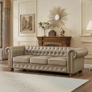 Chesterfield Leather Sofa, 89" Mid Century Modern Couch with Low Back, Roll Arm Nailhead Trim Classic 3 Seater Couch for Living Room, Office, Apartment, PU Khaki