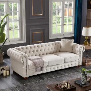 Chesterfield Sofa, 89" Mid Century Modern Couch with Low Back, Roll Arm Nailhead Trim Classic 3 Seater Couch for Living Room, Office, Apartment, Linen Beige