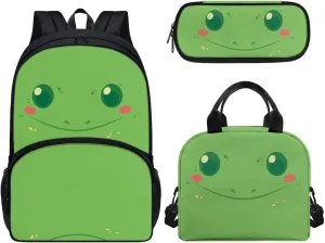 Children School Backpack Frog Animal Book Bags for Boys Girls Travel Picnic for lunch Bag Pen Case 3 Pieces for kids Acceptable Customized