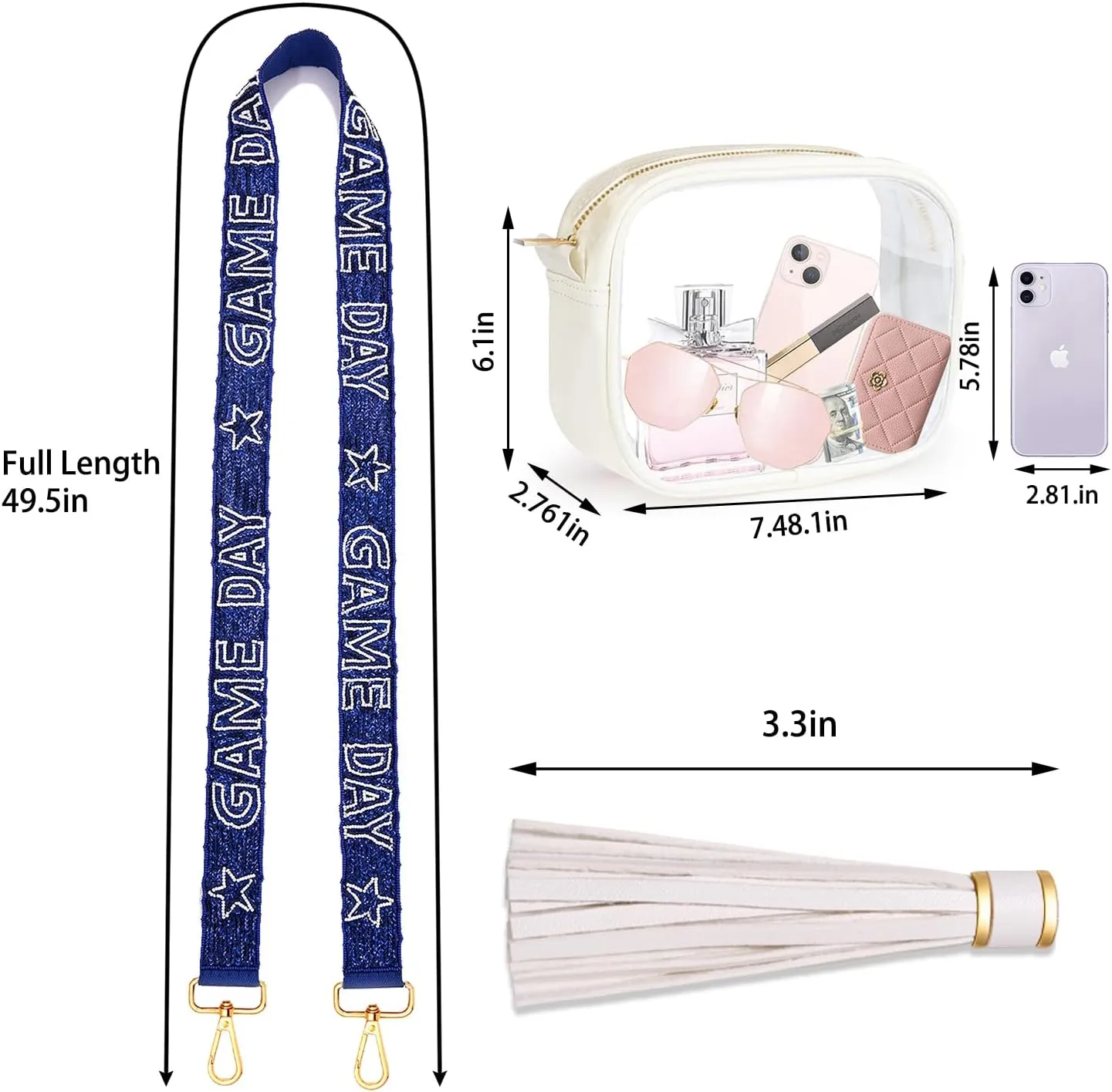Clear Bag for Stadium Events Game Day Clear Purse with Beaded Purse Strap,Stadium Approved Clear Crossbody Bag for Sports