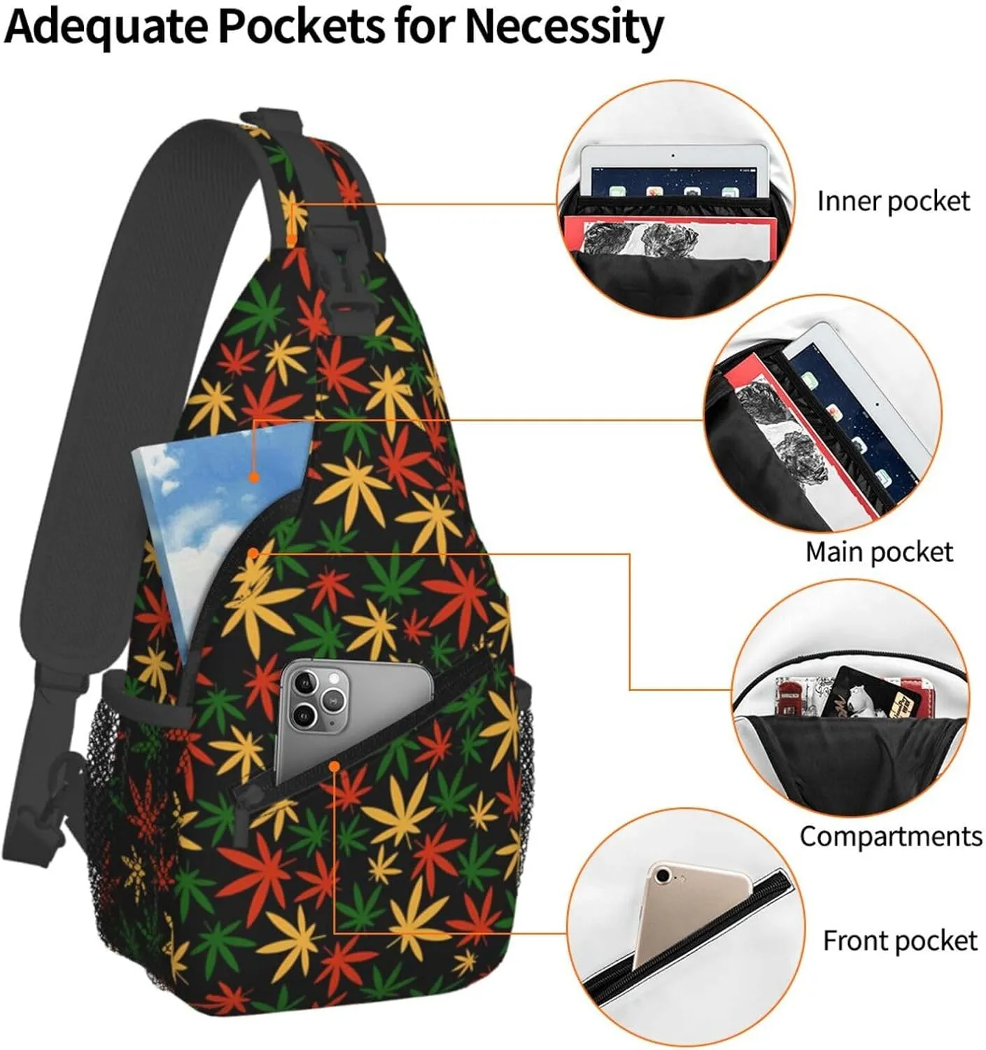 Colourful Marijuana Leaf Chest Bags Crossbody Sling Bag Shoulder Bag Travel Hiking Daypack For Men Women