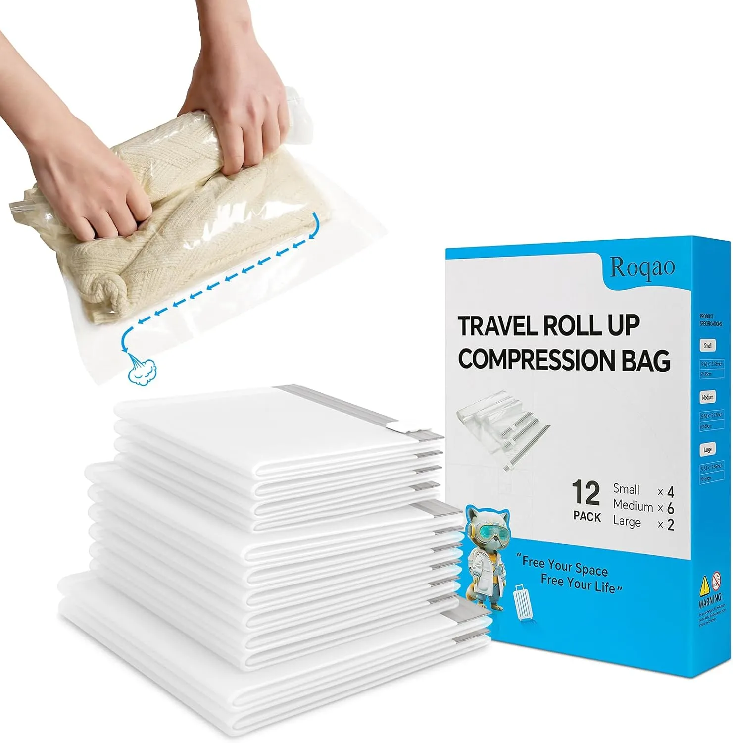 Compression Bags for Travel, 12 Pack Roll Up Compression Bags No Vacuum or Pump Needed, Travel Essentials, Space Saver for Packing and Luggage, Home Organizers Storage