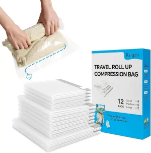 Compression Bags for Travel, 12 Pack Roll Up Compression Bags No Vacuum or Pump Needed, Travel Essentials, Space Saver for Packing and Luggage, Home Organizers Storage