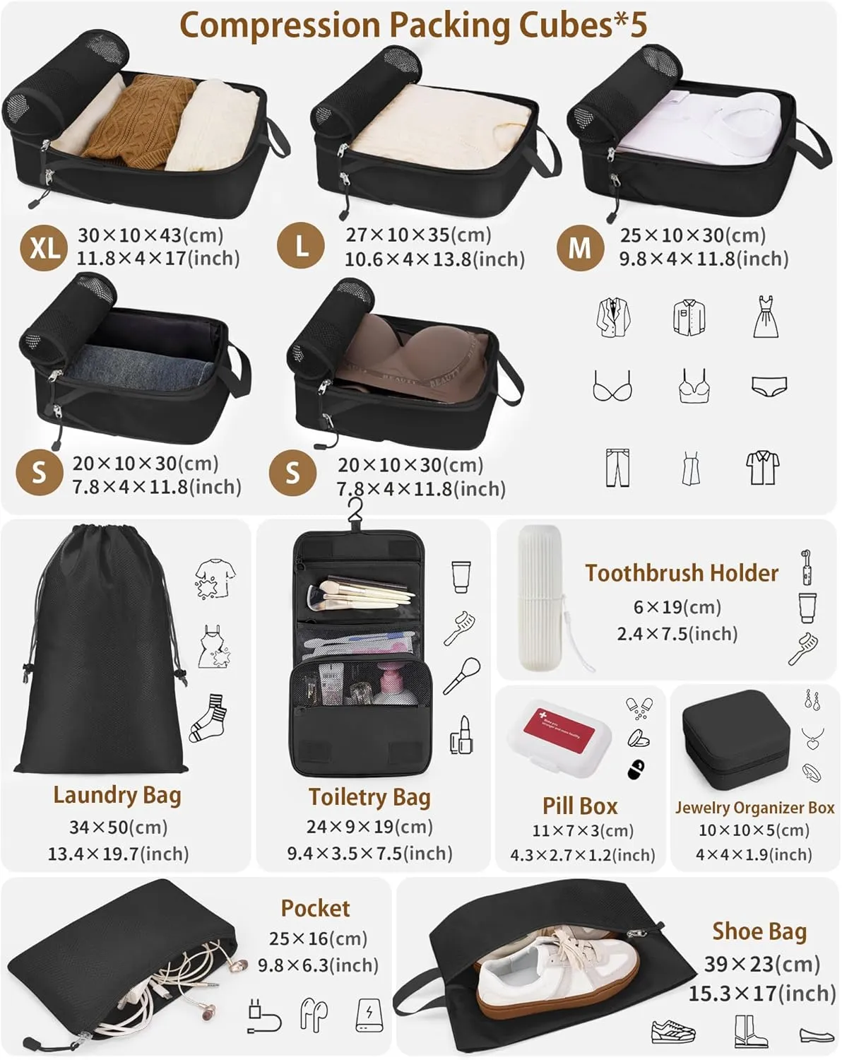 Compression Packing Cubes 12 Set, Suitcase Organizers, Luggage Organizer Bags for Travel, Extendable Packing Cubes for Travel Compression, Travel Essentials, Black