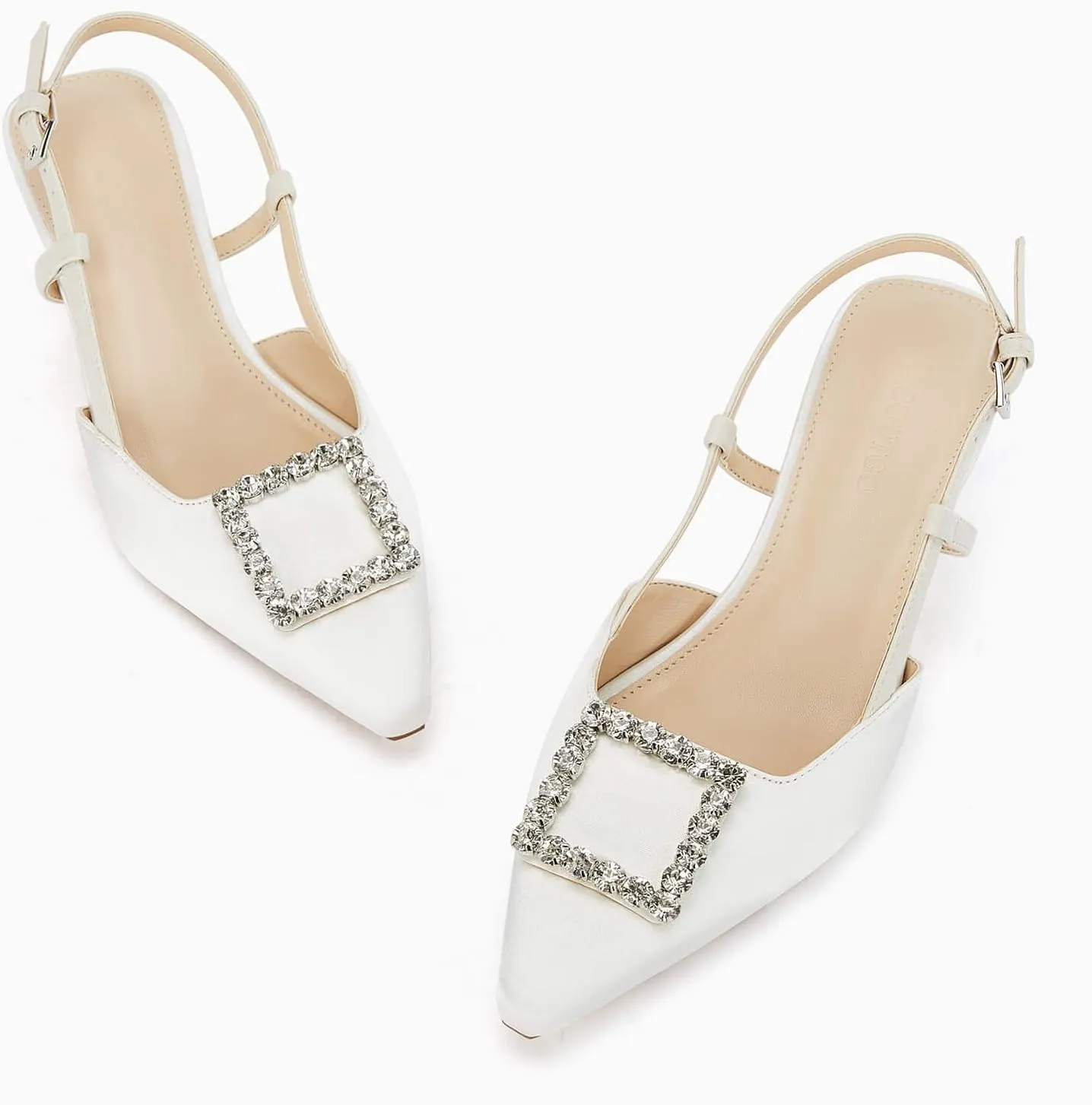 Coutgo Womens Slingback Low Kitten Heels Pumps Closed Pointed Toe Rhinestone Wedding Dress Shoes