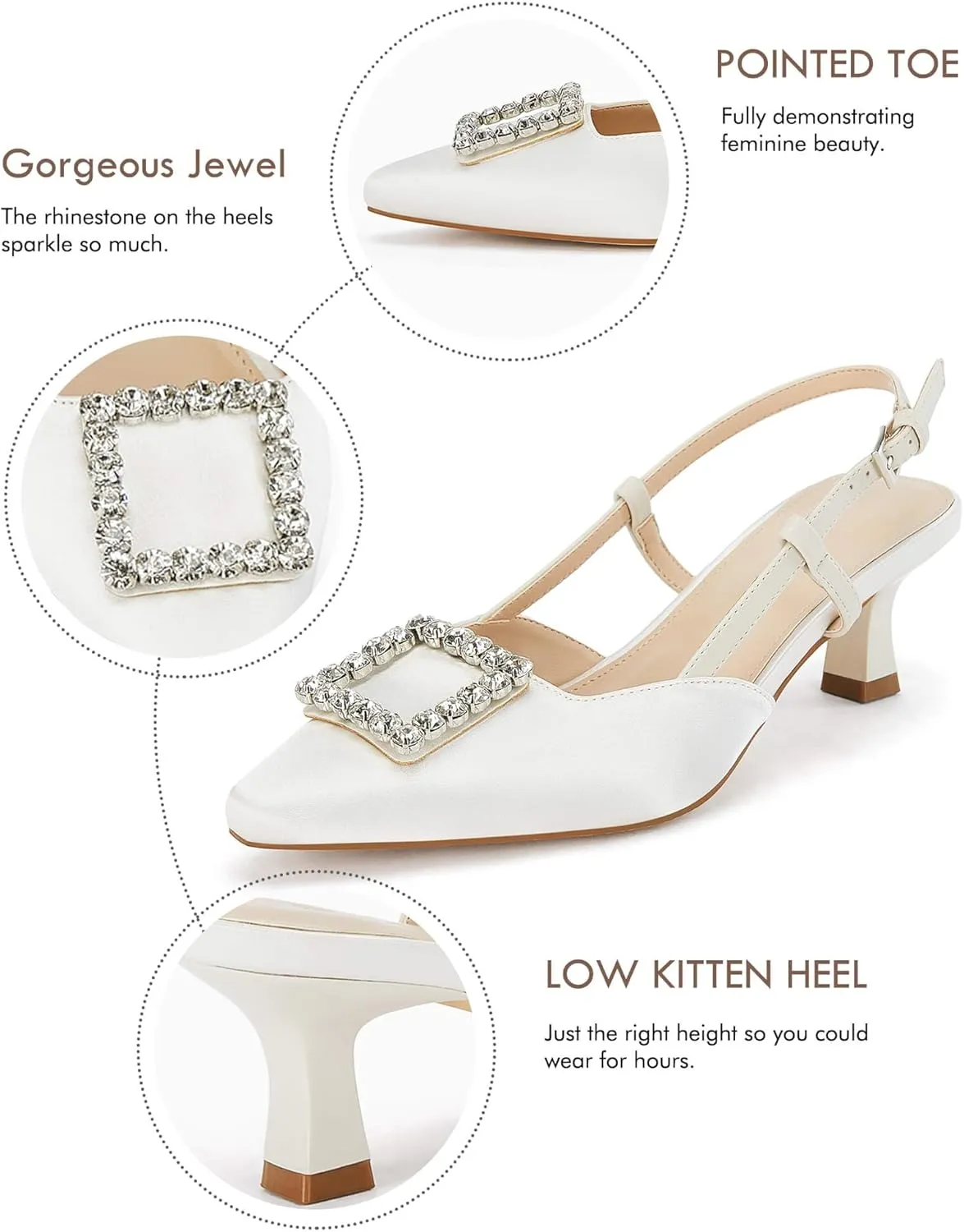 Coutgo Womens Slingback Low Kitten Heels Pumps Closed Pointed Toe Rhinestone Wedding Dress Shoes