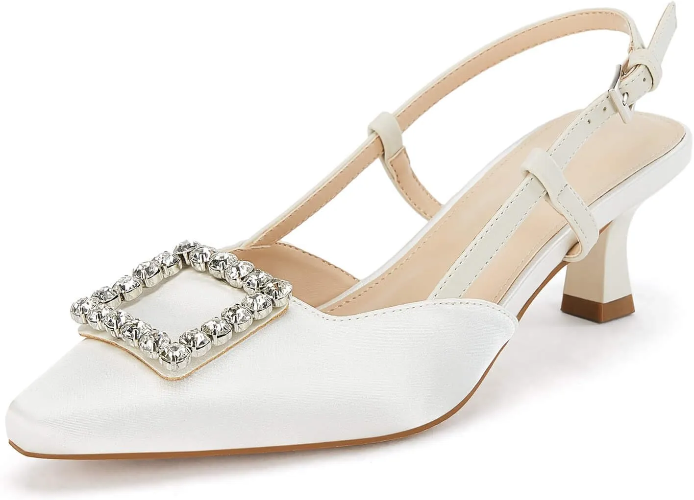 Coutgo Womens Slingback Low Kitten Heels Pumps Closed Pointed Toe Rhinestone Wedding Dress Shoes