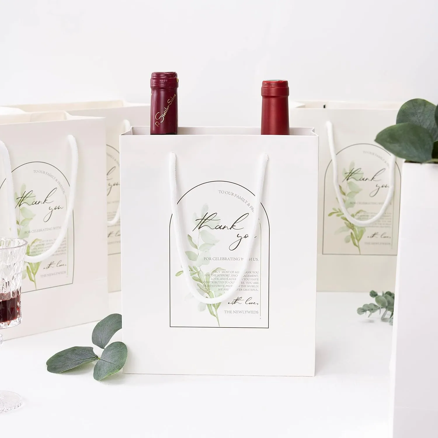 Crisky Greenery Thank You Gift Bags Arch Printed Design for Wedding Party Favors, 25 Count, Medium Size 4"x 8"x 10"