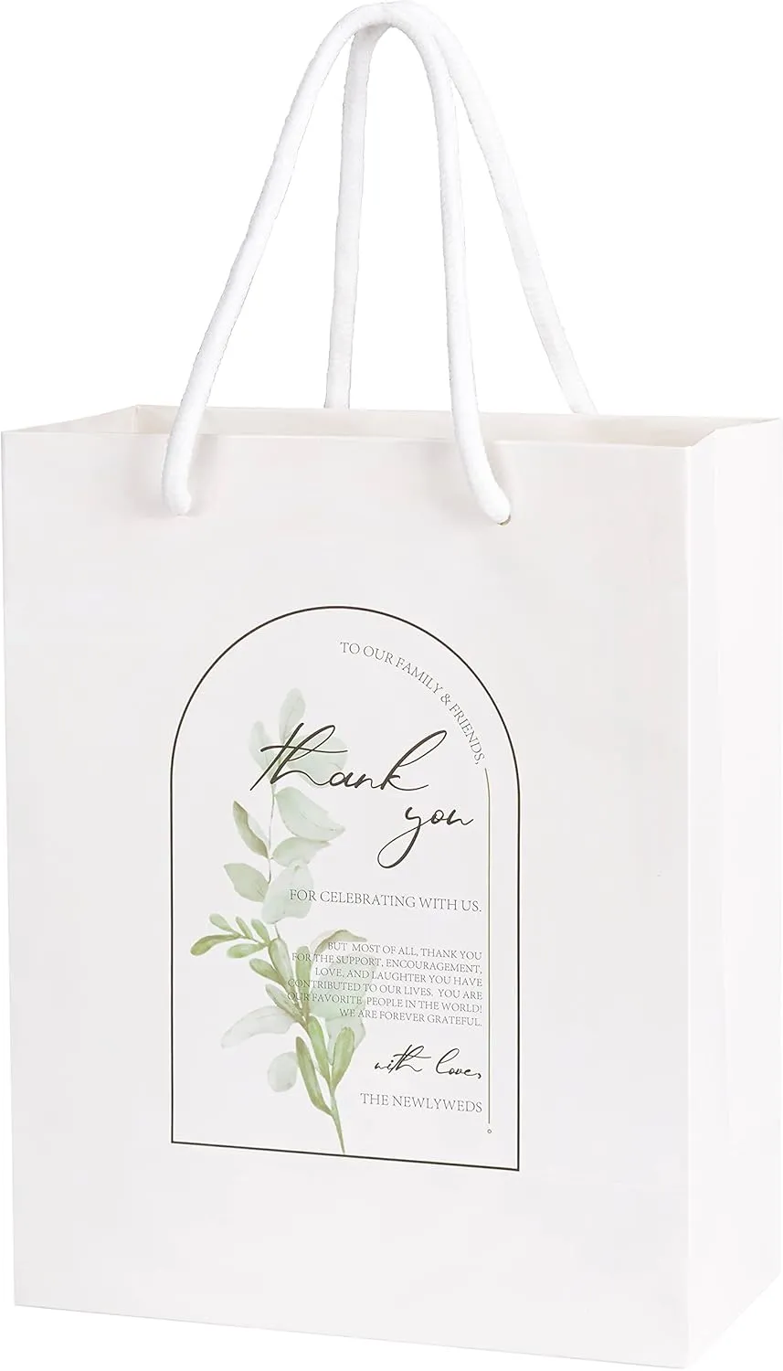 Crisky Greenery Thank You Gift Bags Arch Printed Design for Wedding Party Favors, 25 Count, Medium Size 4"x 8"x 10"