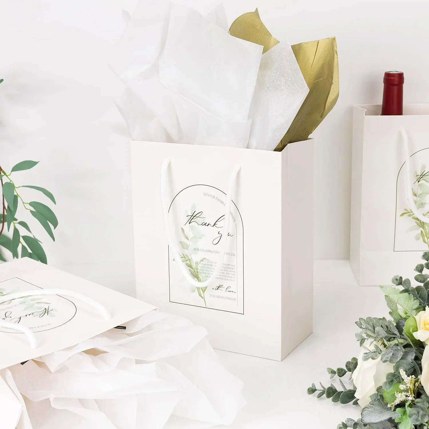 Crisky Greenery Thank You Gift Bags Arch Printed Design for Wedding Party Favors, 25 Count, Medium Size 4"x 8"x 10"
