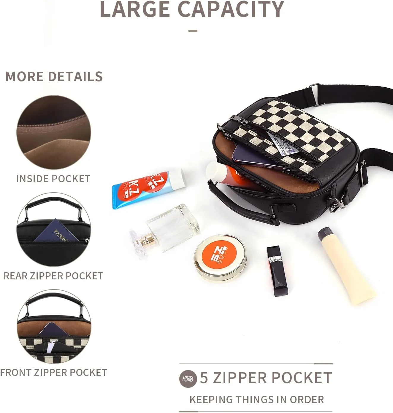 Crossbody Bags for Women,Checkered Shoulder Bag Black and White Plaid Bum Bag,Top-Handle Sling Bag Leather Fanny Packs