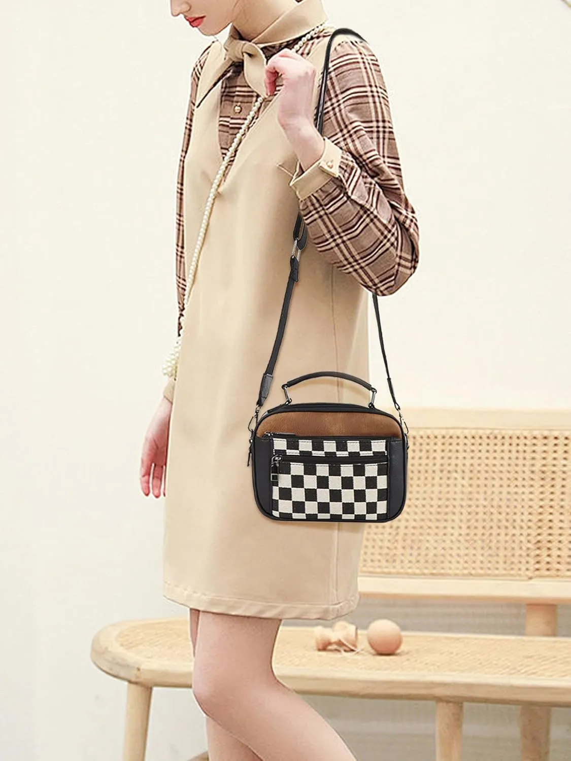 Crossbody Bags for Women,Checkered Shoulder Bag Black and White Plaid Bum Bag,Top-Handle Sling Bag Leather Fanny Packs