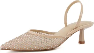 CUSHIONAIRE Women's Affair Rhinestone Mesh Kitten Heel Slingback Pumps  Memory Foam, Wide Widths Available